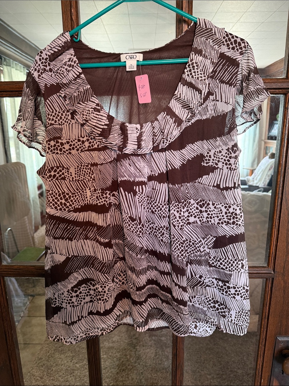 Cato Brown & White Patterned Short-Sleeve Blouse